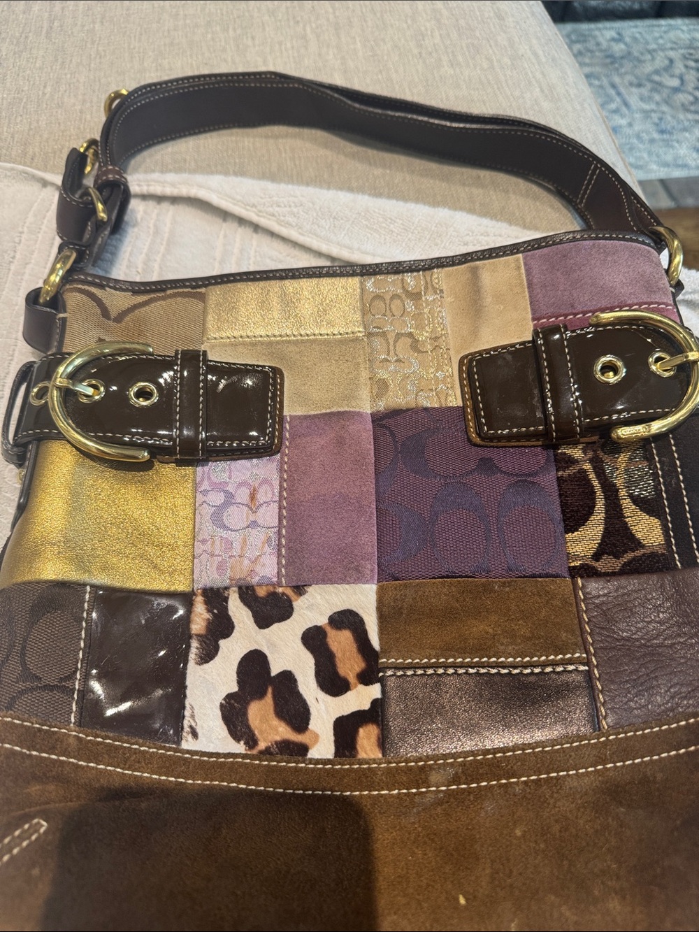 Coach Patchwork Shoulder Bag in Brown, Gold and Purple